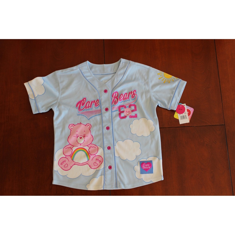 Care Bears Cheer Bear Girls Baseball Jersey Blue Pink Button Front Small NWT
